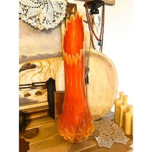 Vintage L.E. Smith Bittersweet Large Orange Swung Glass Diamond Butt Vase 24"